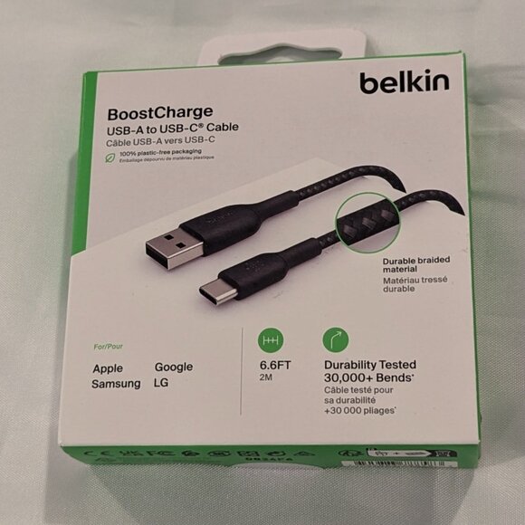 NWT Belkin "BoostCharge" Braided USB-C to USB-A Cable (2m / 6.6 feet, Black) - Picture 1 of 10